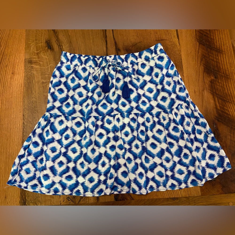 Knox Rose Blue and White Ikat Print Lined Skirt,  Elastic Waist with Tie, Sz Med